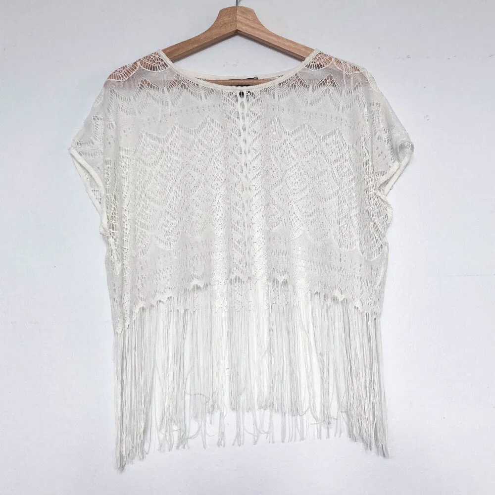 Sheer White Lace Crochet Beachware Coverup Top - Picture 1 of 10